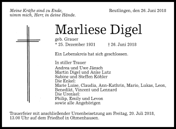 Anzeige von Marliese Digel von Reutlinger General-Anzeiger