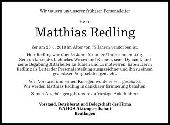 Anzeige von Matthias Redling von Reutlinger General-Anzeiger