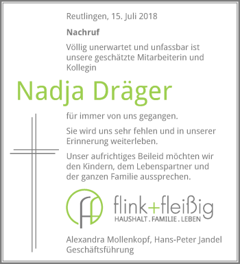 Anzeige von Nadja Dräger von Reutlinger General-Anzeiger