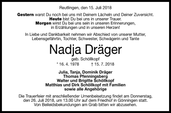 Anzeige von Nadja Dräger von Reutlinger General-Anzeiger