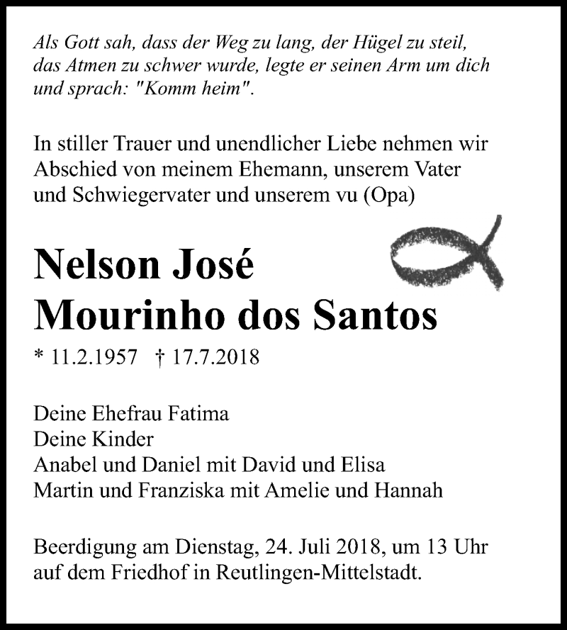  Traueranzeige für Nelson Jose Mourinho dos Santos vom 20.07.2018 aus Reutlinger General-Anzeiger