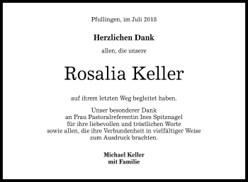 Anzeige von Rosalia Keller von Reutlinger General-Anzeiger