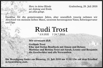 Anzeige von Rudi Trost von Reutlinger General-Anzeiger