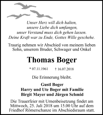 Anzeige von Thomas Boger von Reutlinger General-Anzeiger