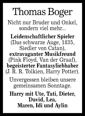 Anzeige von Thomas Boger von Reutlinger General-Anzeiger
