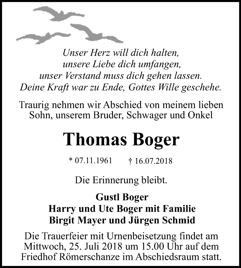  Traueranzeige für Thomas Boger vom 21.07.2018 aus Reutlinger General-Anzeiger