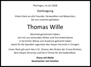 Anzeige von Thomas Wille von Reutlinger General-Anzeiger