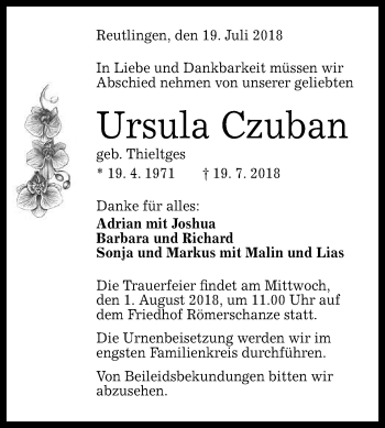 Anzeige von Ursula Czuban von Reutlinger General-Anzeiger