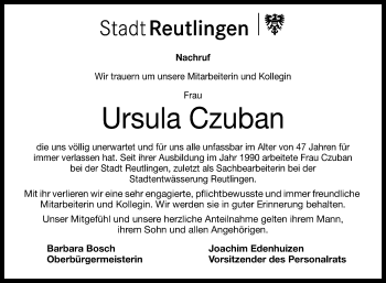 Anzeige von Ursula Czuban von Reutlinger General-Anzeiger
