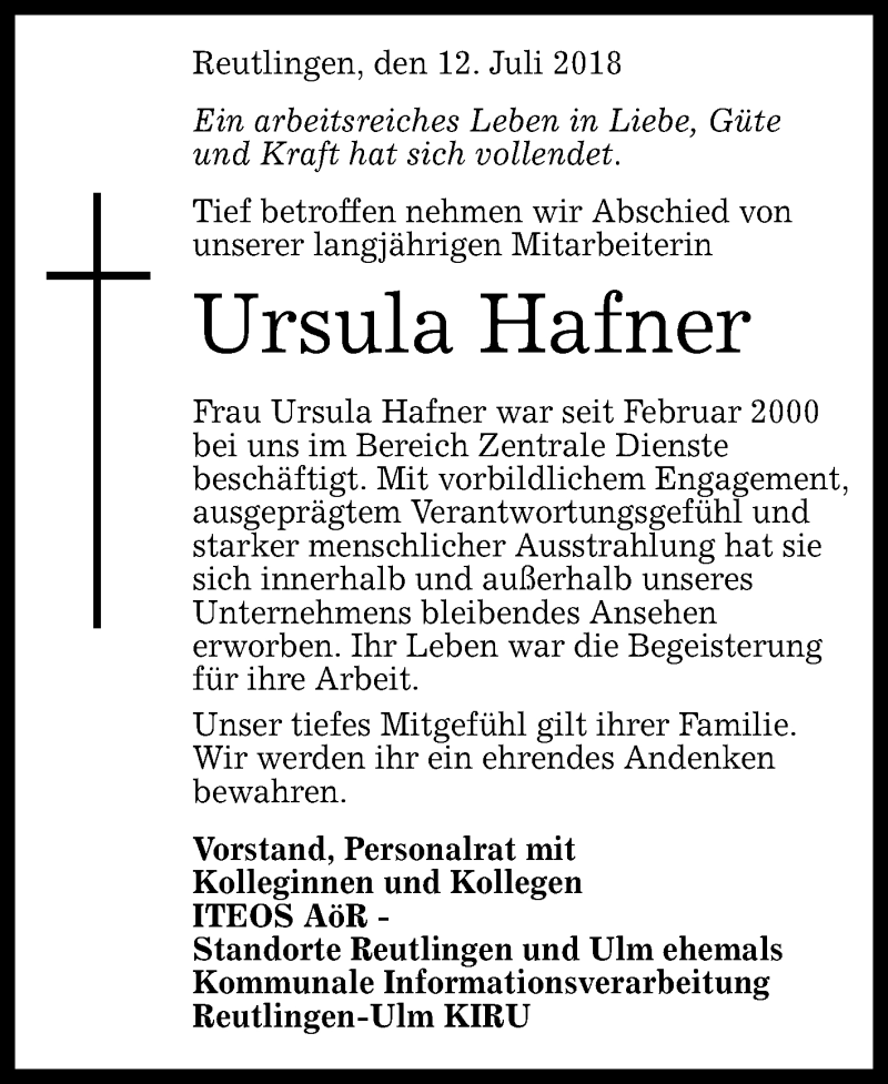  Traueranzeige für Ursula Hafner vom 12.07.2018 aus Reutlinger General-Anzeiger