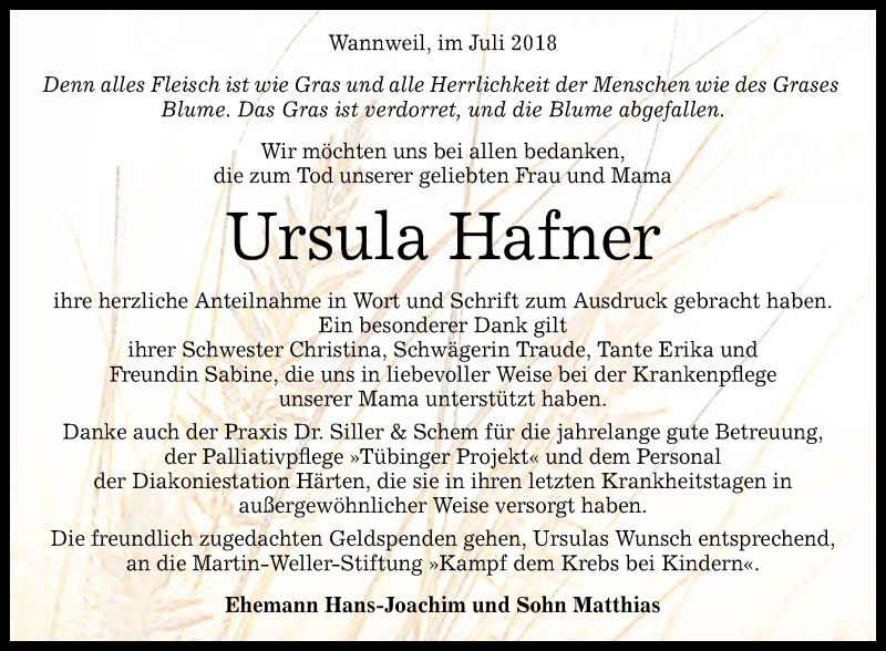  Traueranzeige für Ursula Hafner vom 21.07.2018 aus Reutlinger General-Anzeiger