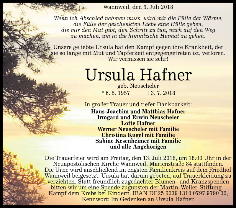  Traueranzeige für Ursula Hafner vom 07.07.2018 aus Reutlinger General-Anzeiger