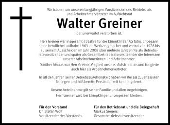 Anzeige von Walter Greiner von Reutlinger General-Anzeiger