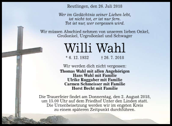 Anzeige von Willi Wahl von Reutlinger General-Anzeiger