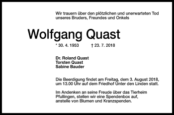 Anzeige von Wolfgang Quast von Reutlinger General-Anzeiger