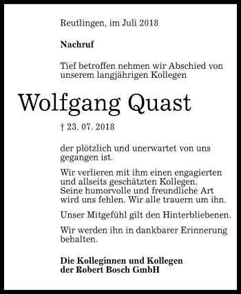 Anzeige von Wolfgang Quast von Reutlinger General-Anzeiger