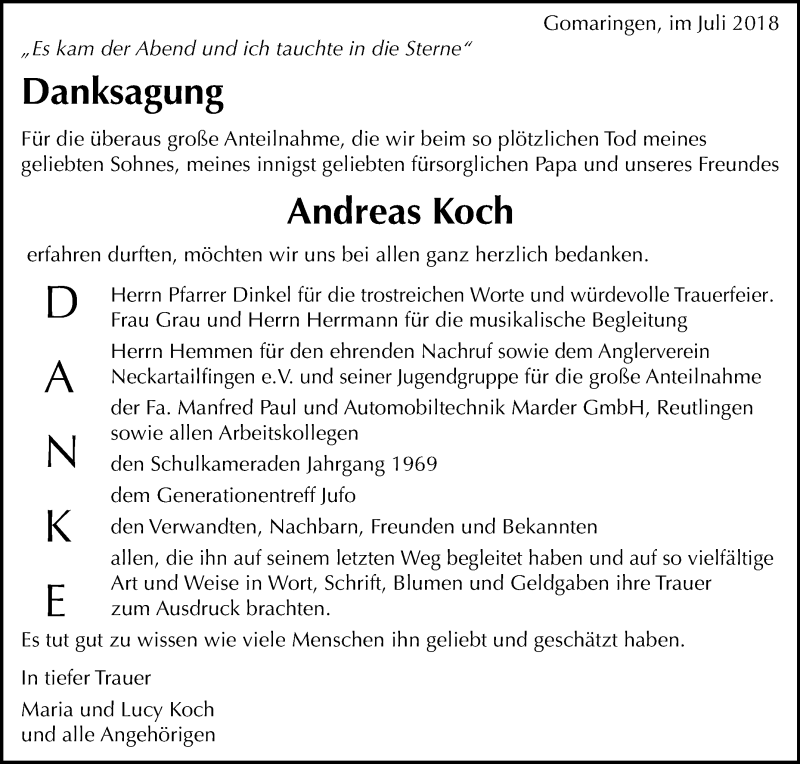  Traueranzeige für Andreas Koch vom 04.08.2018 aus Reutlinger General-Anzeiger