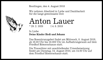 Anzeige von Anton Lauer von Reutlinger General-Anzeiger