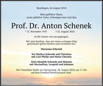 Anzeige von Anton Schenek von Reutlinger General-Anzeiger