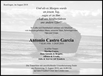 Anzeige von Antonio Castro Garcia von Reutlinger General-Anzeiger