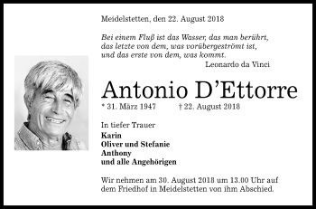 Anzeige von Antonio D’Ettorre von Reutlinger General-Anzeiger