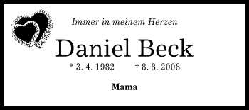 Anzeige von Daniel Beck von Reutlinger General-Anzeiger