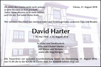 Anzeige von David Harter von Reutlinger General-Anzeiger