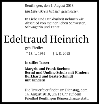 Anzeige von Edeltraud Heinrich von Reutlinger General-Anzeiger