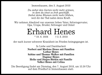 Anzeige von Erhard Henes von Reutlinger General-Anzeiger