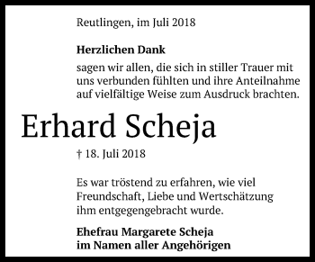 Anzeige von Erhard Scheja von Reutlinger General-Anzeiger