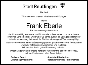 Anzeige von Frank Eberle von Reutlinger General-Anzeiger