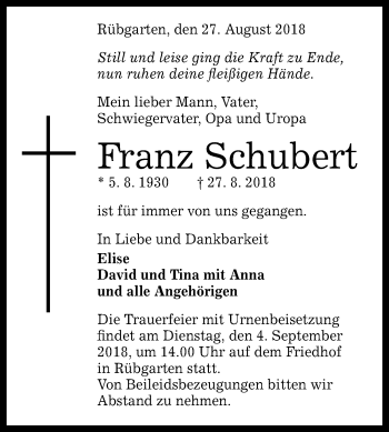 Anzeige von Franz Schubert von Reutlinger General-Anzeiger