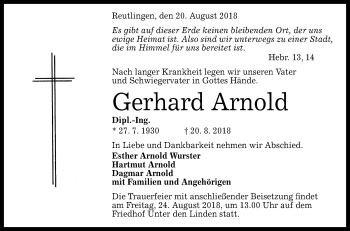 Anzeige von Gerhard Arnold von Reutlinger General-Anzeiger