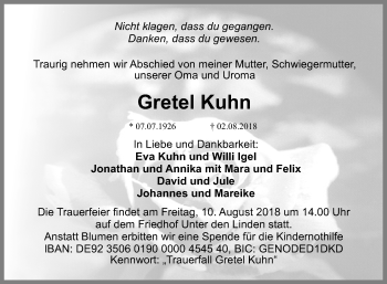 Anzeige von Gretel Kuhn von Reutlinger General-Anzeiger