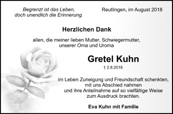 Anzeige von Gretel Kuhn von Reutlinger General-Anzeiger
