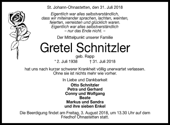 Anzeige von Gretel Schnitzler von Reutlinger General-Anzeiger