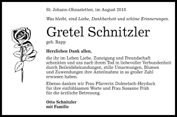 Anzeige von Gretel Schnitzler von Reutlinger General-Anzeiger