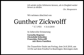 Anzeige von Gunther Zickwolff von Reutlinger General-Anzeiger