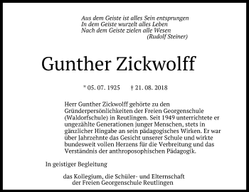 Anzeige von Gunther Zickwolff von Reutlinger General-Anzeiger