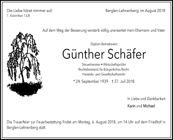 Anzeige von Günther Schäfer von Reutlinger General-Anzeiger
