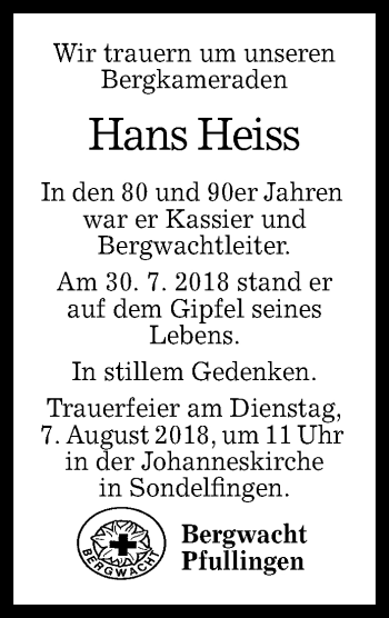 Anzeige von Hans Heiss von Reutlinger General-Anzeiger
