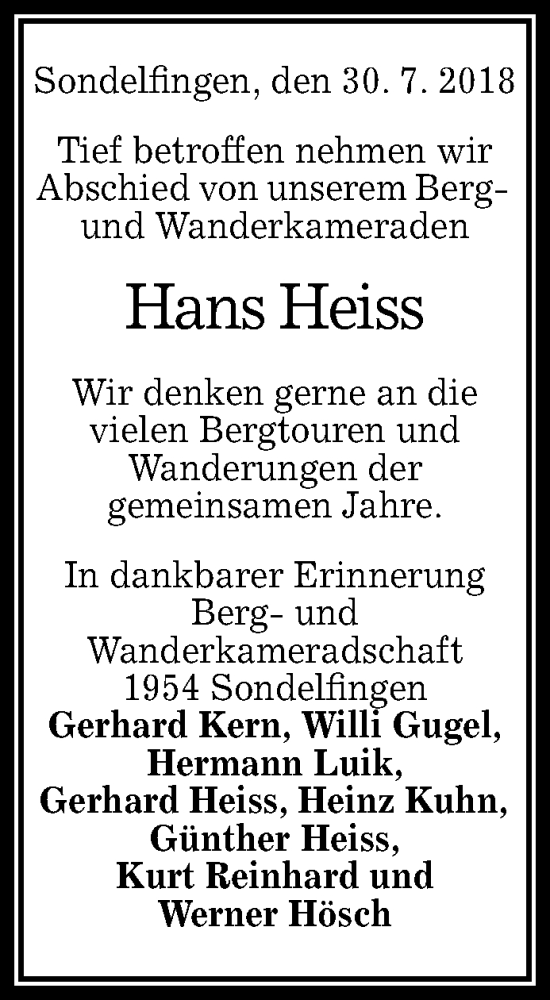  Traueranzeige für Hans Heiss vom 04.08.2018 aus Reutlinger General-Anzeiger