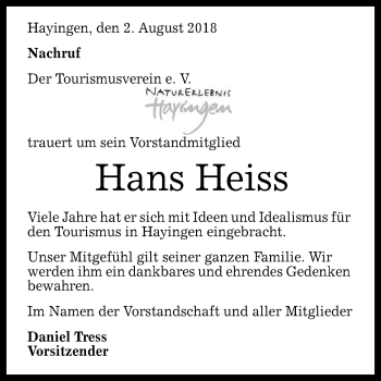Anzeige von Hans Heiss von Reutlinger General-Anzeiger
