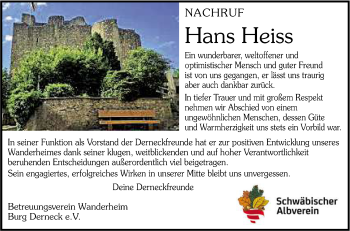 Anzeige von Hans Heiss von Reutlinger General-Anzeiger