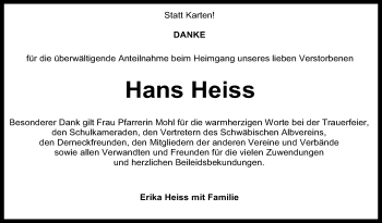 Anzeige von Hans Heiss von Reutlinger General-Anzeiger