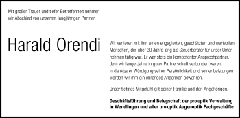 Anzeige von Harald Orendi von Reutlinger General-Anzeiger