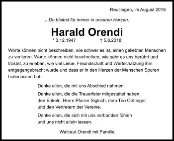 Anzeige von Harald Orendi von Reutlinger General-Anzeiger