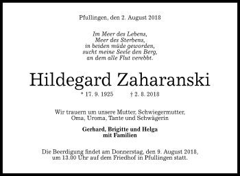 Anzeige von Hildegard Zaharanski von Reutlinger General-Anzeiger