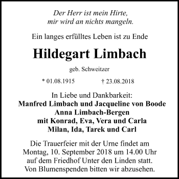 Anzeige von Hildegart Limbach von Reutlinger General-Anzeiger