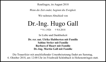 Anzeige von Hugo Gall von Reutlinger General-Anzeiger